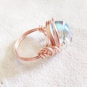 Gorgeous! Shimmering & Iridescent Wire Wrapped Ring with Big Chunky Glass Bead